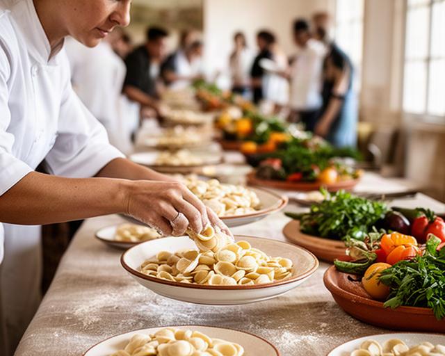 Cuoca che porziona orecchiette fresche su un lungo tavolo durante un evento in Puglia